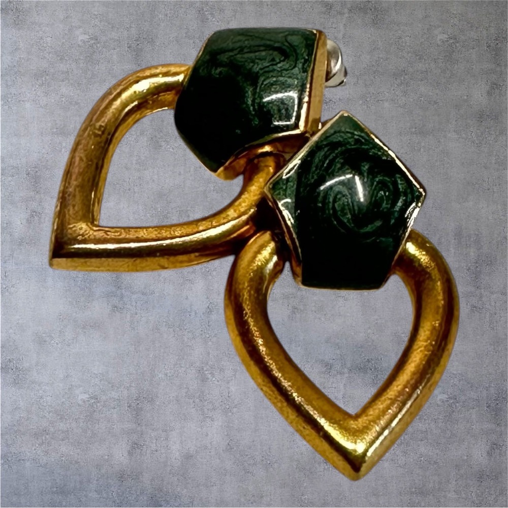 Vintage Gold Tone Heart Drop Earrings Green Swirl Faux Malachite